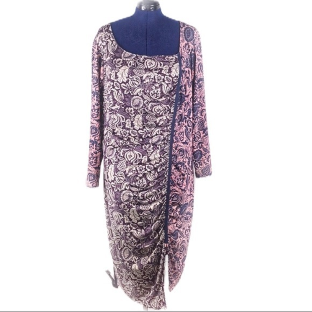 Isabel & Alice 3X modern asymmetric ruched contrast red/blue patterns‎ dress